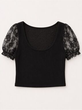 Classic Black Lace Puff Sleeve Crop Top - Unbranded
